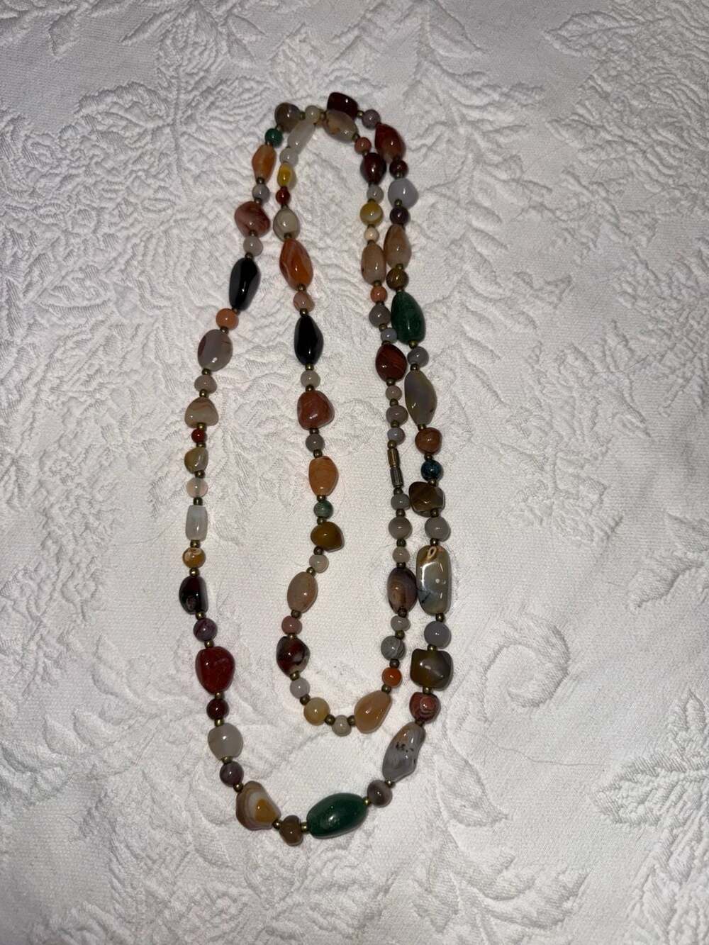 Vintage Long Multi-Stone Polished Agate and Gemstone Bead Necklace